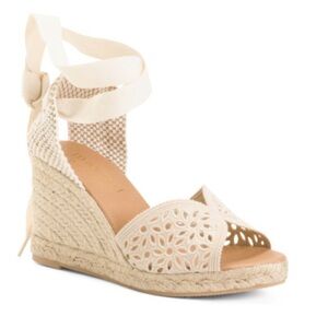 Maypol NEW Crochet Espadrille Wedge Sandals Peep Toe Ankle Wrap Cream Size 41